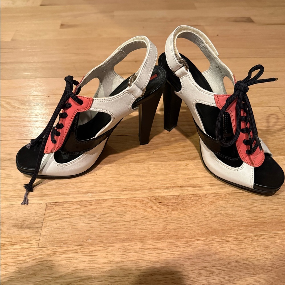 Prada Women's Black, Red, and White Lace-Up Heels - Picture 2 of 4
